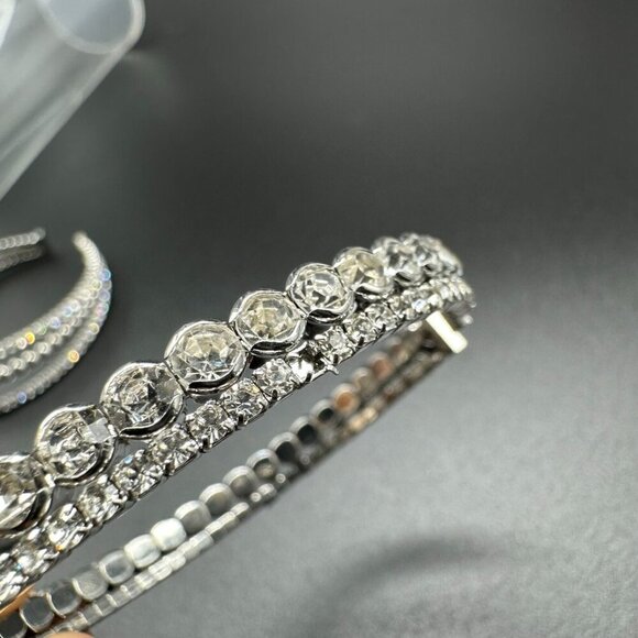 Rhinestone Cuff Bracelet Set Silver Tone Stretch Bling Statement 2pc Formal - Picture 7 of 12